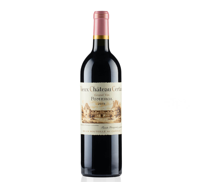 Bottle of Vieux Château Certan Pomerol 2019 750ml with plum, black cherry, chocolate, and spice notes.