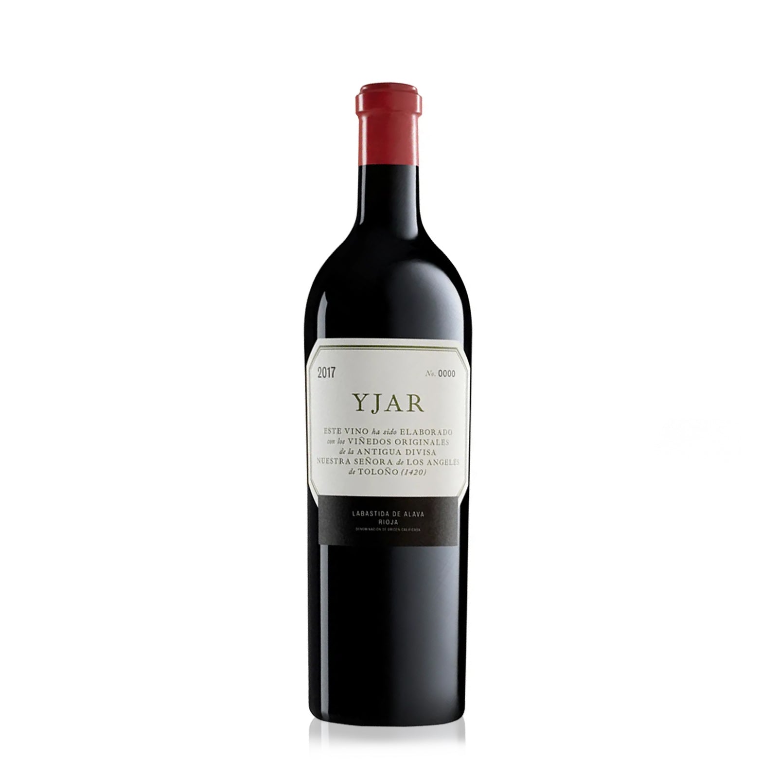 A bottle of 2017 Yjar Rioja wine with a red cap and a label that includes the brand name and other details about the wine.