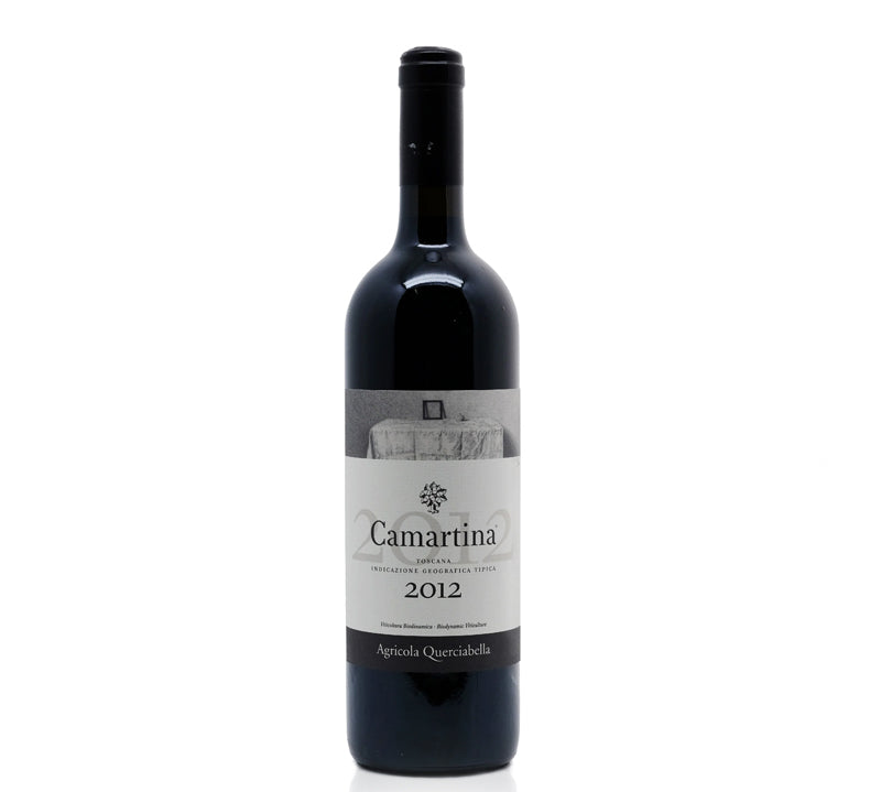 A bottle of Agricola Querciabella Camartina Toscana 2012 wine with a dark label and a clear bottle, displaying the wine inside.
