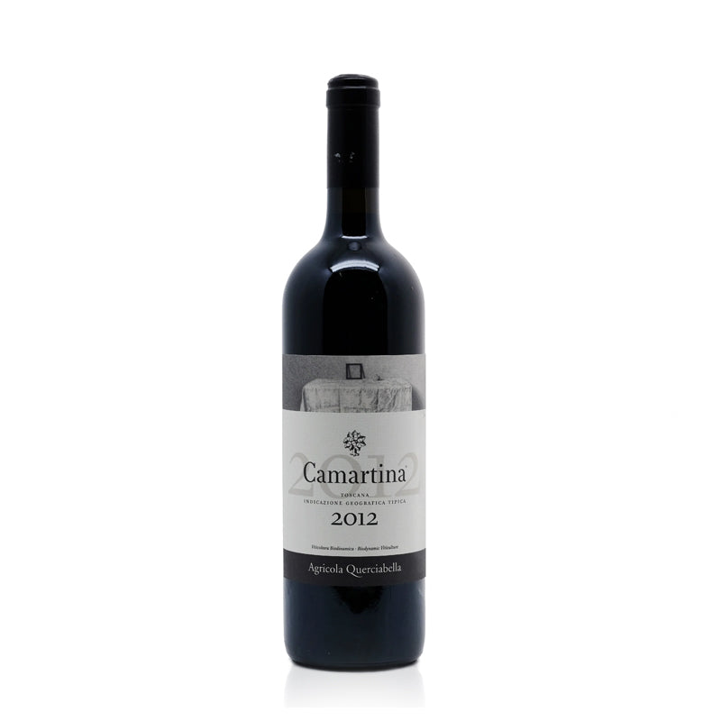 A bottle of Agricola Querciabella Camartina Toscana 2012 wine with a dark label and a clear bottle, displaying the wine inside.