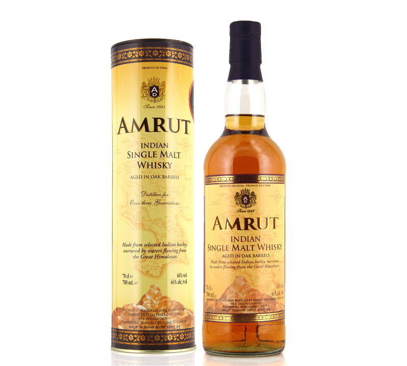 A bottle of Amrut Indian Single Malt Whisky