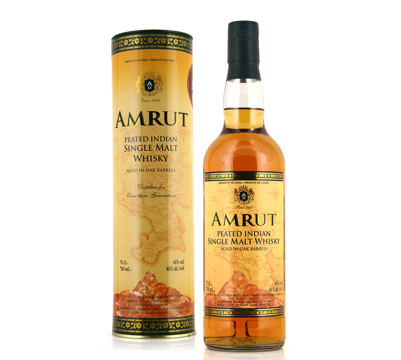 A bottle of Amrut Peated Single Malt Indian Whisky with its cylindrical packaging, both featuring a consistent design with golden and brown color tones.