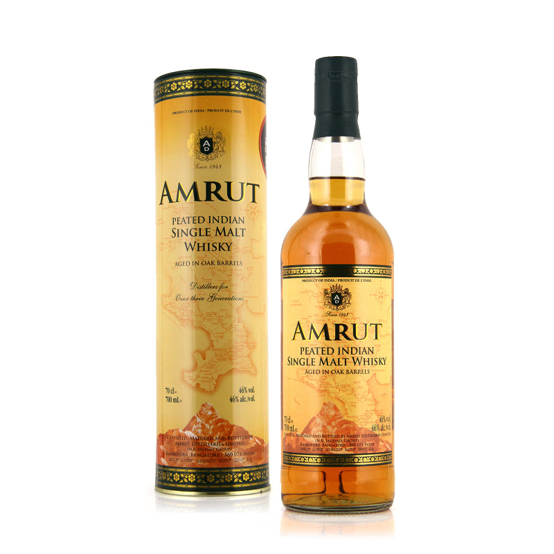 A bottle of Amrut Peated Single Malt Indian Whisky with its cylindrical packaging, both featuring a consistent design with golden and brown color tones.
