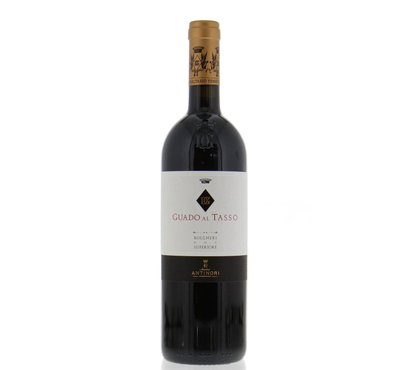 A bottle of Antinori Guado al Tasso Bolgheri Superiore, a premium red wine from Tuscany, Italy, with a dark, rich color and an elegant label.