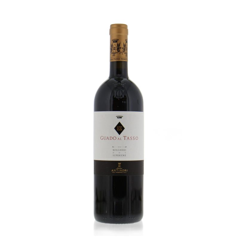 A bottle of Antinori Guado al Tasso Bolgheri Superiore, a premium red wine from Tuscany, Italy, with a dark, rich color and an elegant label.