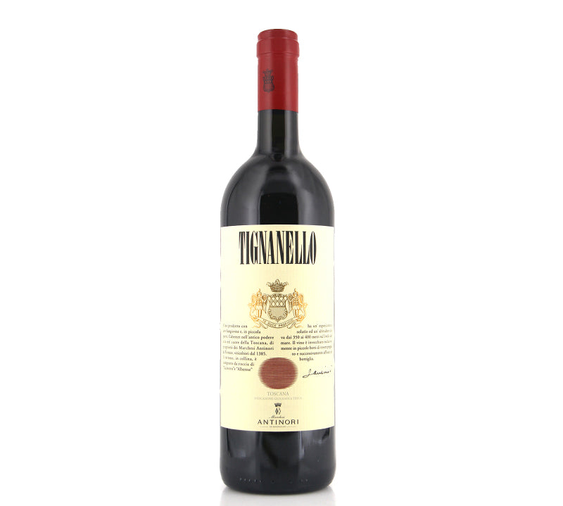 Antinori Tignanello red wine bottle, 750ml, with a dark, rich color and an elegant label. A premium Italian blend of Sangiovese, Cabernet Sauvignon, and Cabernet Franc.
