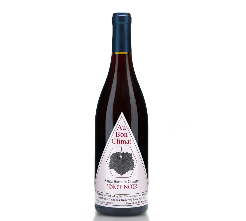 Au Bon Climat Santa Barbara Pinot Noir red wine bottle, 750ml, with a light ruby or garnet color and a classic label from the Californian winery.