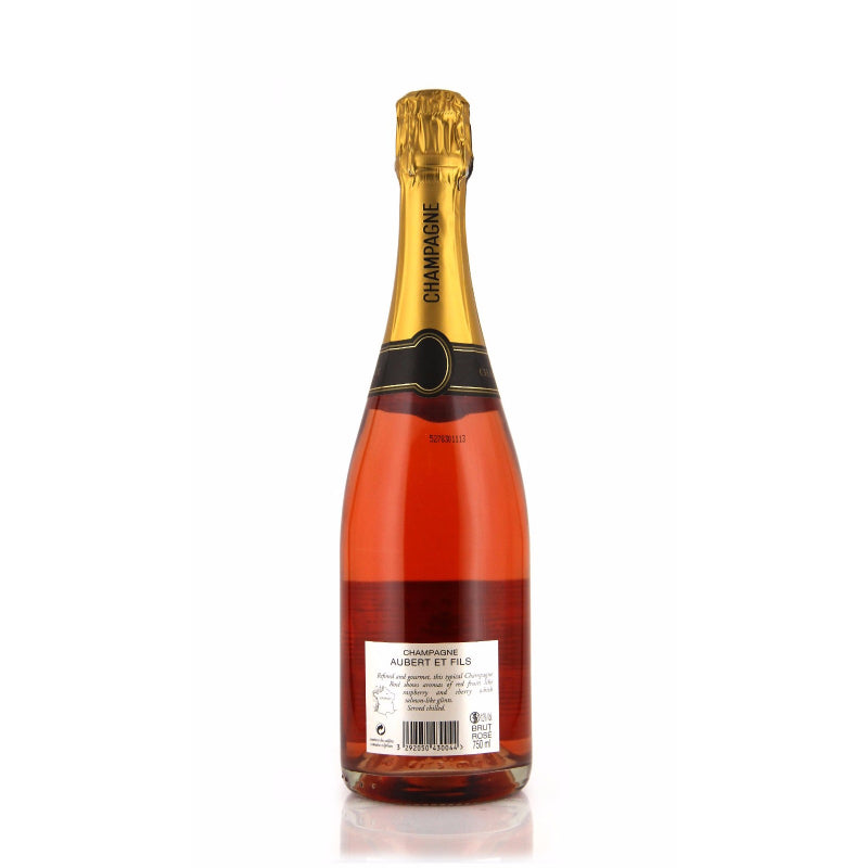 Aubert et Fils Brut Rosé Champagne bottle, 750ml, with a pink or salmon color, and a fine stream of bubbles, a non-vintage sparkling wine from France.