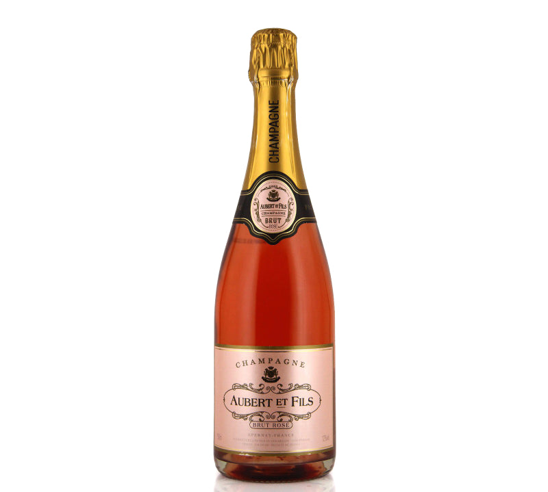 Aubert et Fils Brut Rosé Champagne bottle, 750ml, with a pink or salmon color, and a fine stream of bubbles, a non-vintage sparkling wine from France.