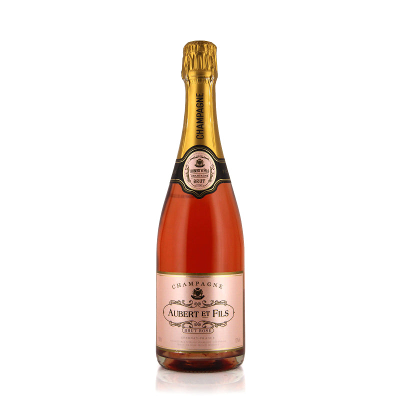 Aubert et Fils Brut Rosé Champagne bottle, 750ml, with a pink or salmon color, and a fine stream of bubbles, a non-vintage sparkling wine from France.