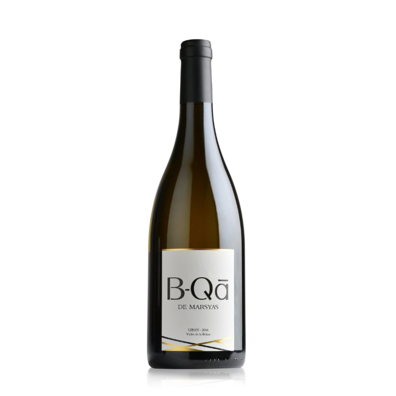 A bottle of Chateau Marsyas B-Qā de Marsyas Blanc, a 750ml white wine blend from Lebanon's Bekaa Valley, with a pale yellow color.