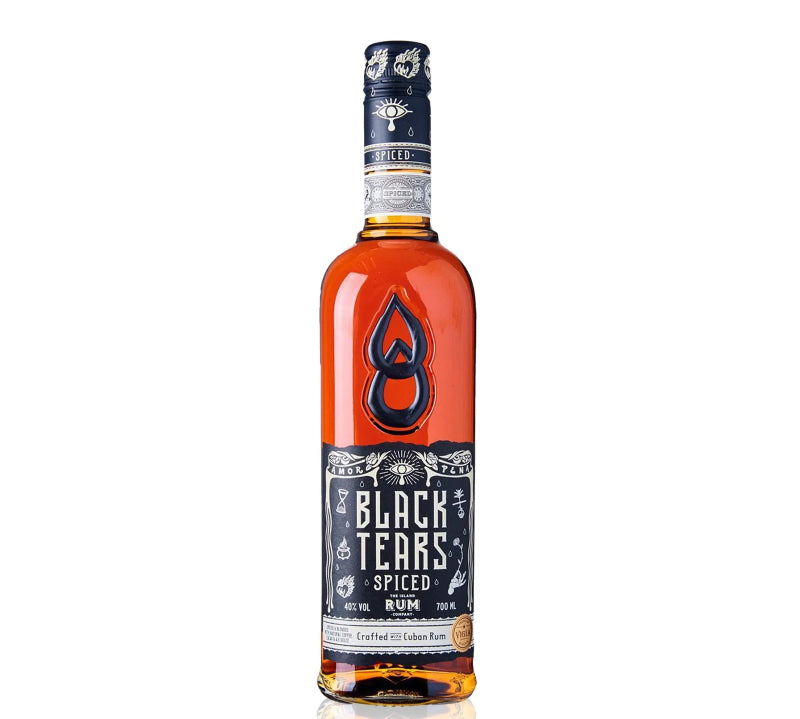 A bottle of Black Tears Spiced Rum Original with a label featuring a tear drop design and text, set against a white background.