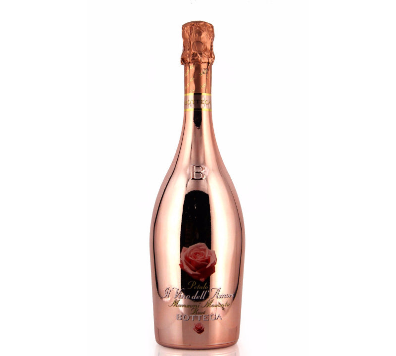 A bottle of Bottega Moscato Manzoni Pink Plated NV sparkling wine.