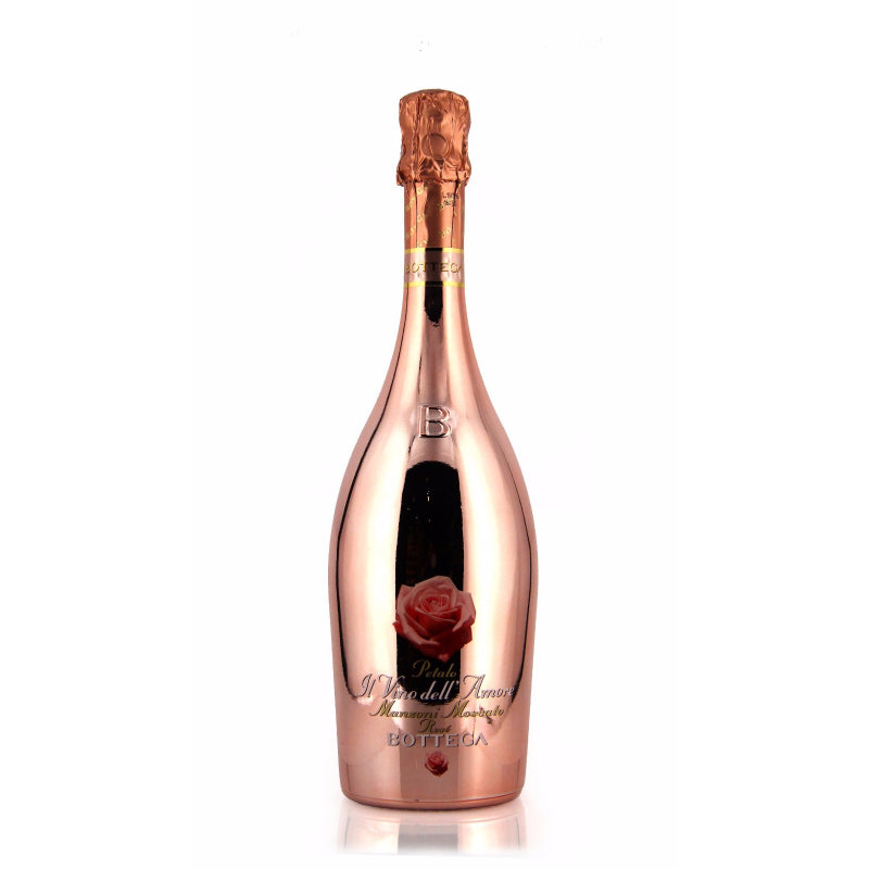 A bottle of Bottega Moscato Manzoni Pink Plated NV sparkling wine.