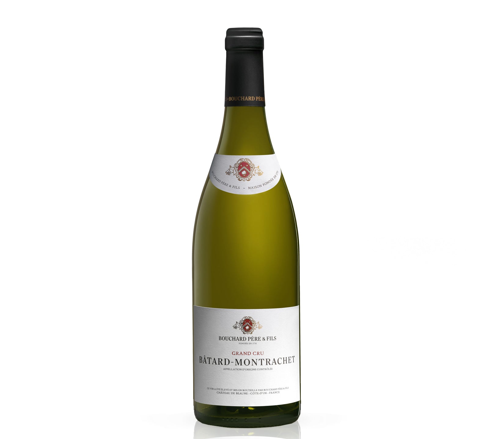A bottle of Bouchard Pere & Fils Batard-Montrachet white wine.