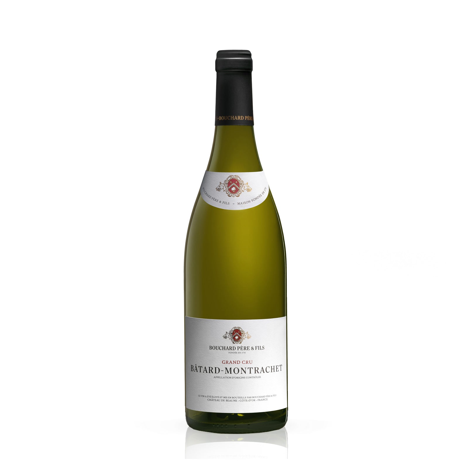 A bottle of Bouchard Pere & Fils Batard-Montrachet white wine.