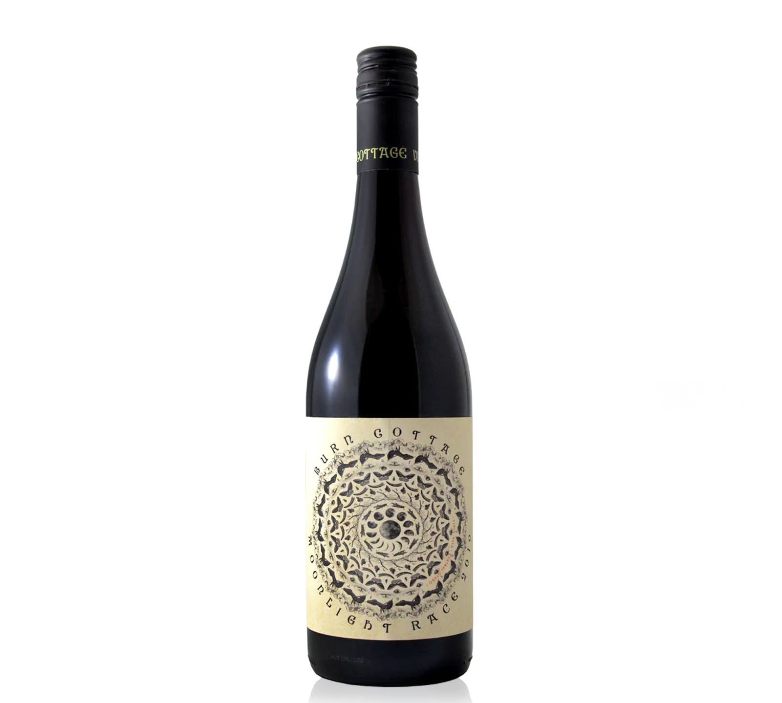A bottle of Burn Cottage Moonlight Race Pinot Noir wine with a label featuring a mandala design.