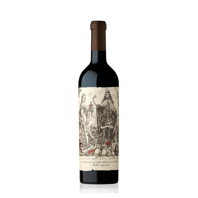 A bottle of Catena Zapata Malbec Argentino red wine with a detailed, vintage-style label depicting human figures and grapes.