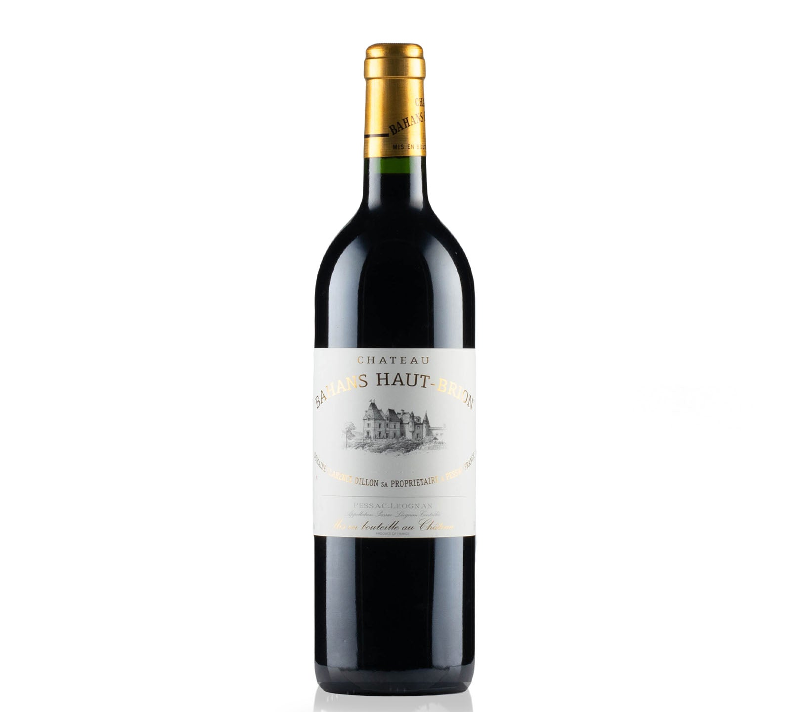 Bottle of Chateau Bahans Haut Brion Pessac-Leognan red wine.