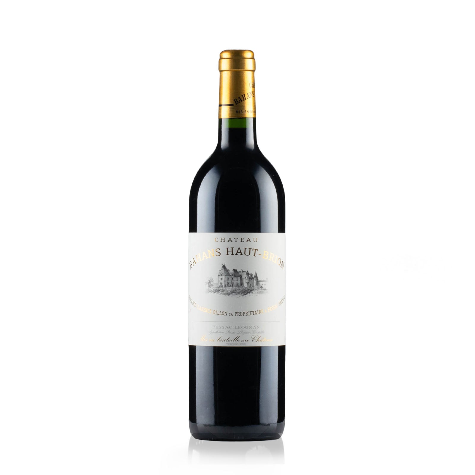 Bottle of Chateau Bahans Haut Brion Pessac-Leognan red wine.