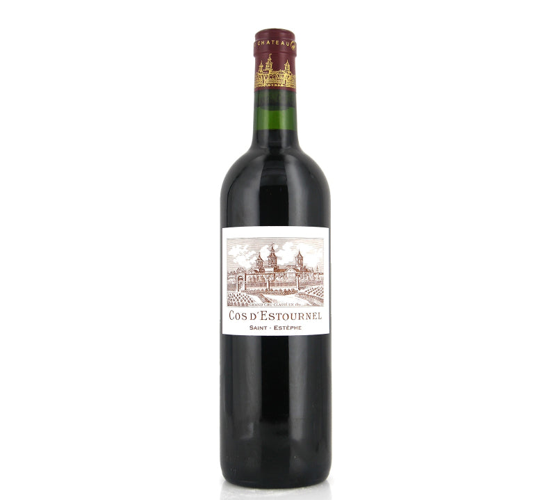 Bottle of Chateau Cos D'Estournel St-Estephe wine with a label featuring the chateau's illustration.