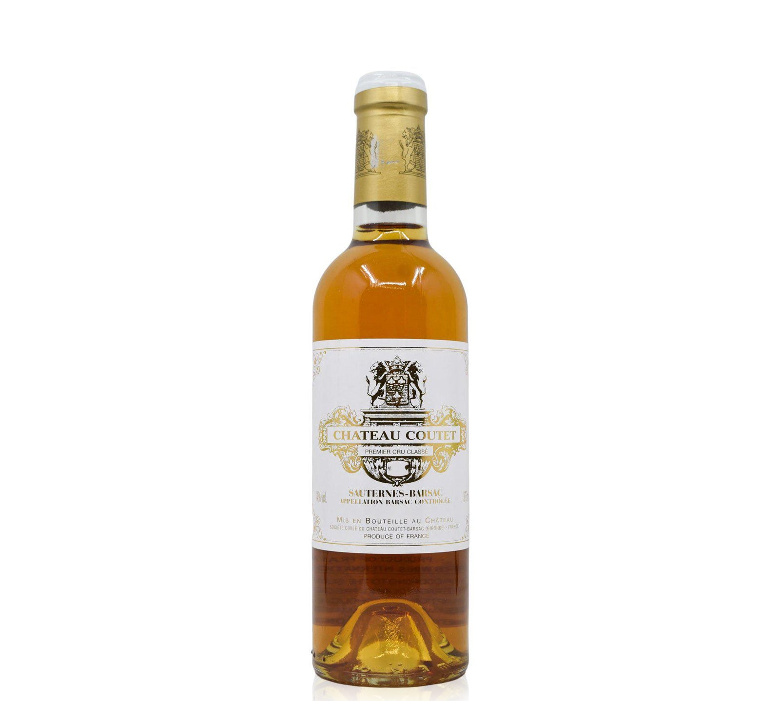 A bottle of Chateau Coutet Barsac AOC white wine