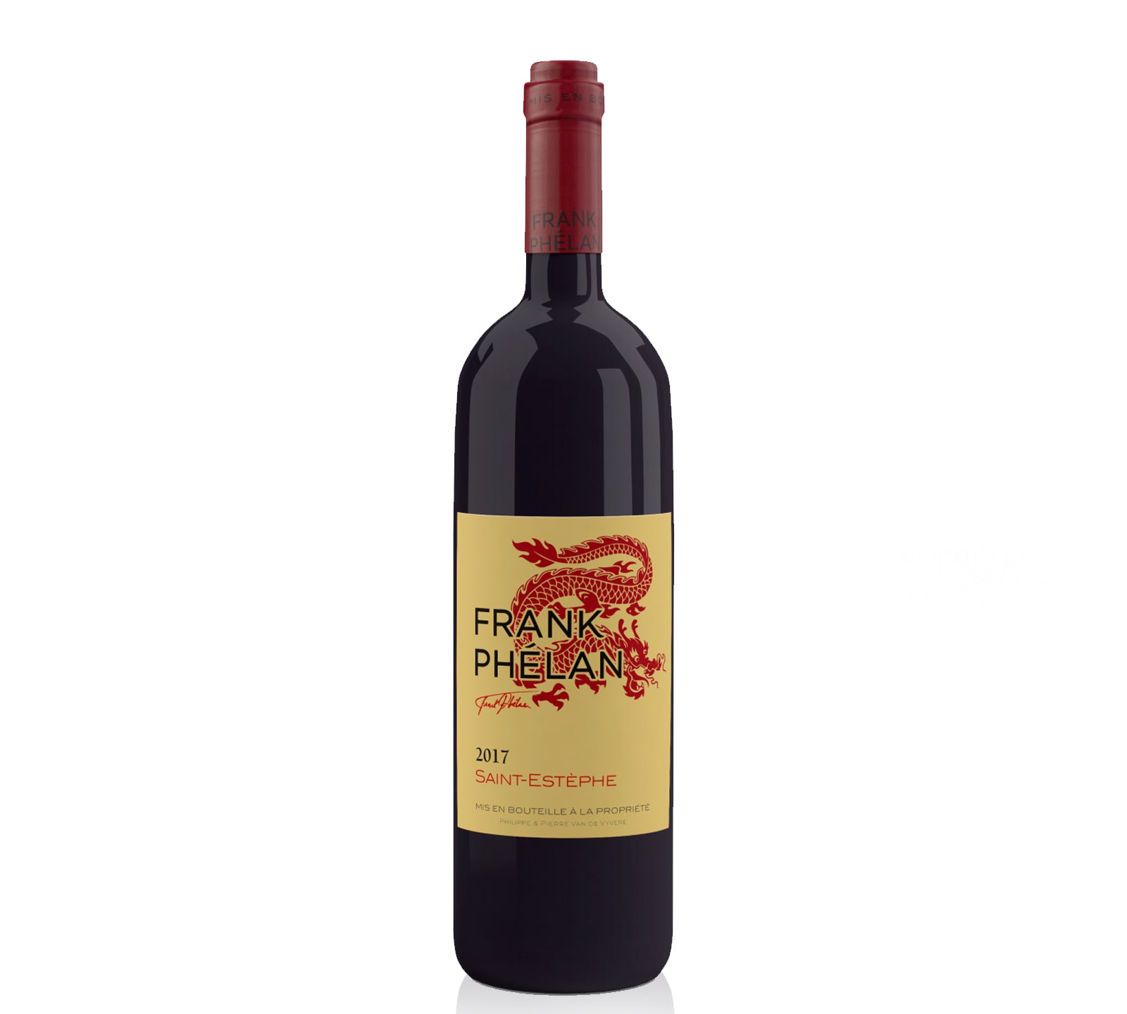 Bottle of Frank Phelan St-Estephe 2017 red wine with a label featuring a gold dragon design on a red background.