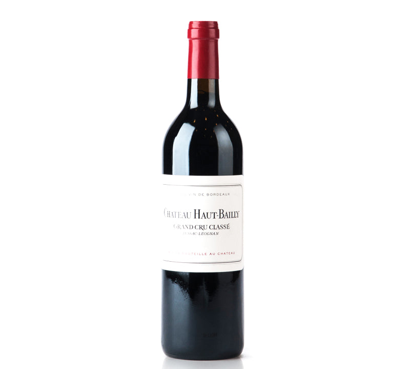 A bottle of Chateau Haut Bailly Pessac-Leognan red wine.