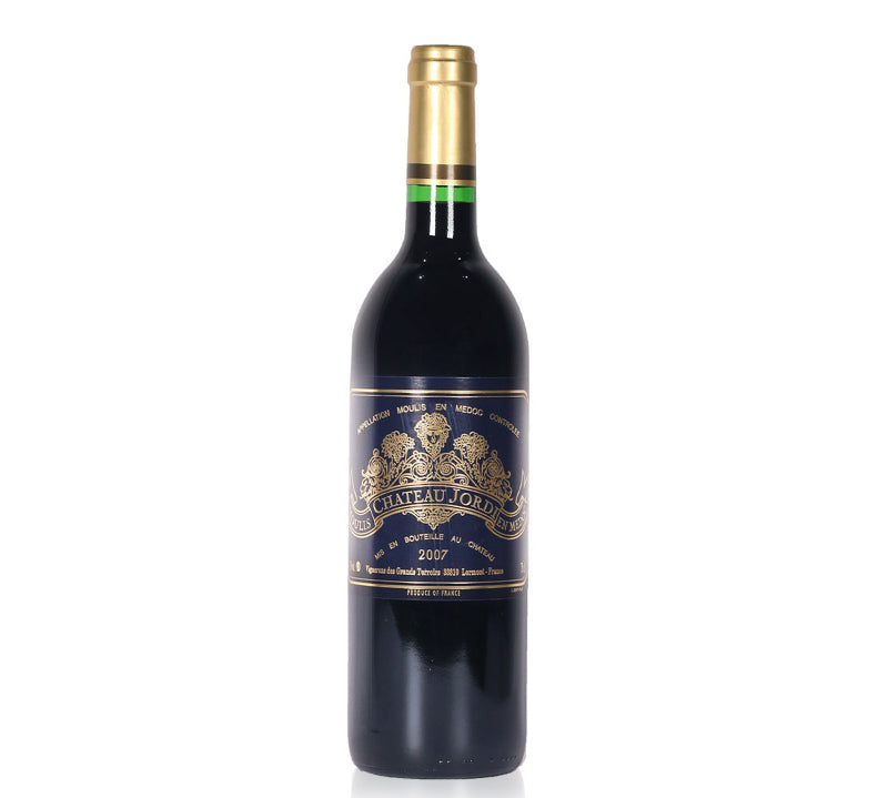 A bottle of Chateau Jordi Moulis-en-Médoc 2007 red wine.