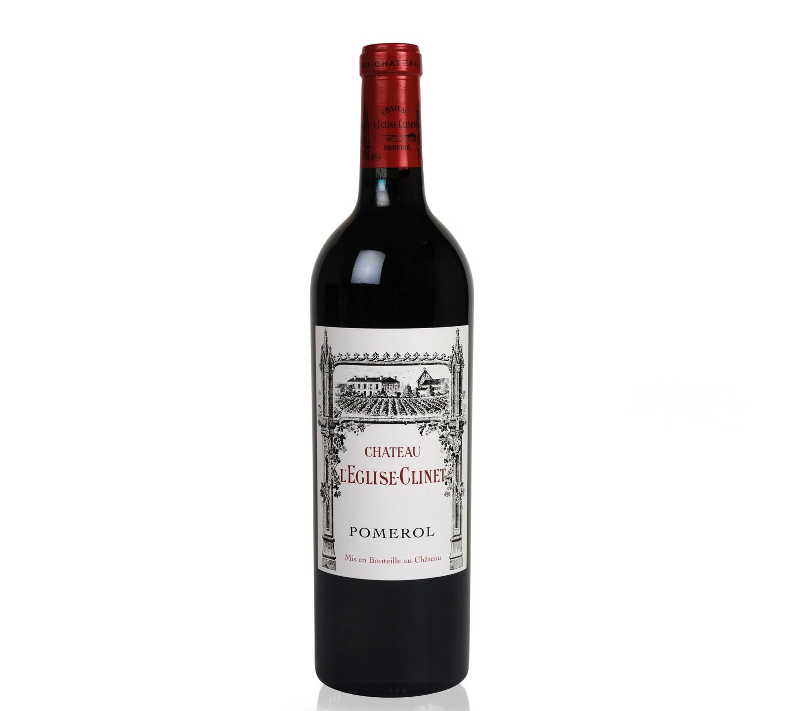 Bottle of Chateau L'Eglise Clinet Pomerol red wine.