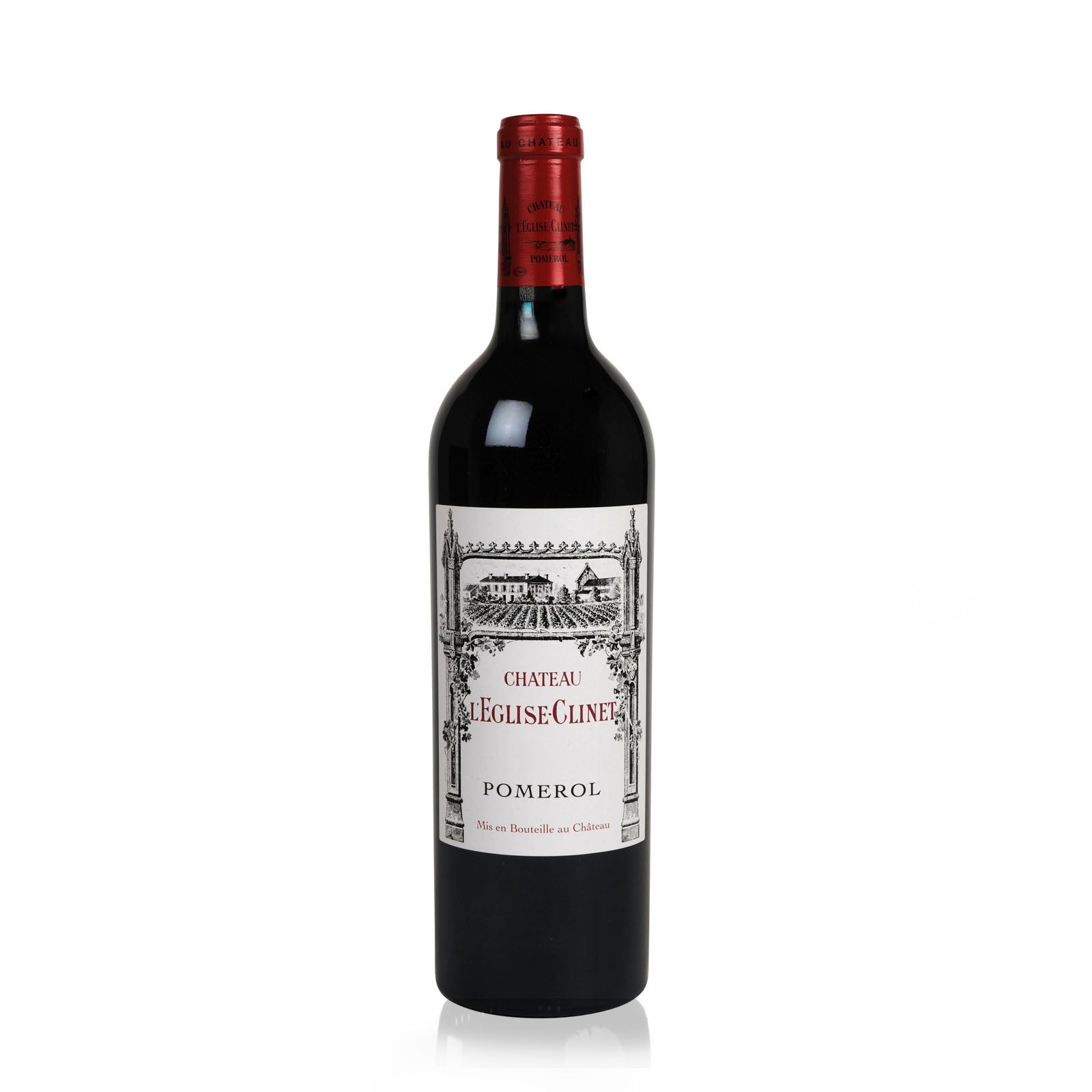 Bottle of Chateau L'Eglise Clinet Pomerol red wine.