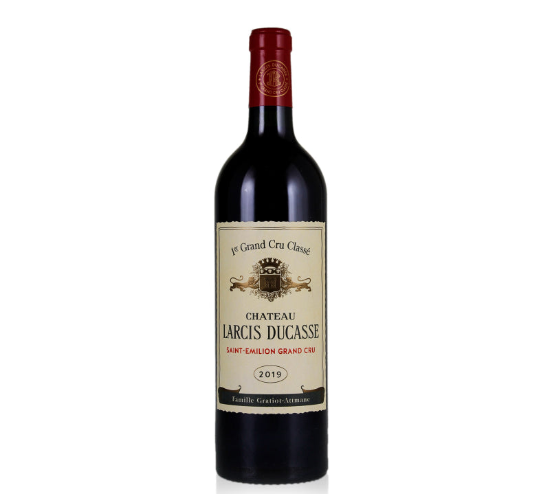 Bottle of Chateau Larcis Ducasse St-Emilion 2019 red wine.
