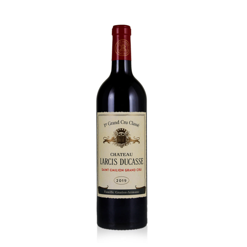 Bottle of Chateau Larcis Ducasse St-Emilion 2019 red wine.
