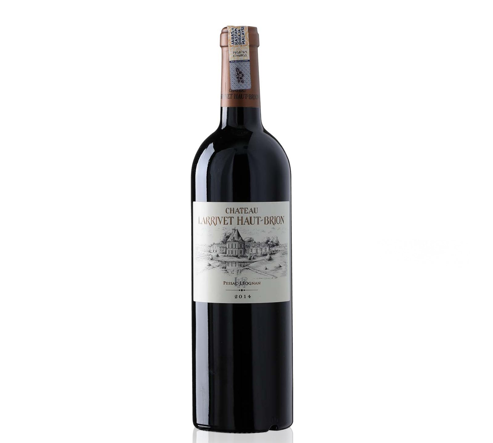Bottle of Chateau Larrivet Haut Brion Pessac-Leognan 2014 wine with a label depicting a landscape and the name of the wine.