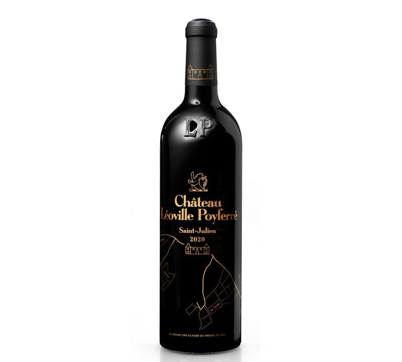Bottle of Chateau Leoville Poyferre St-Julien 2020 red wine.