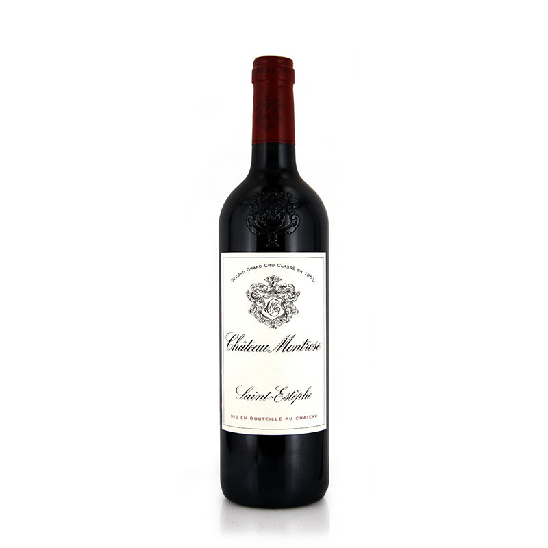 Bottle of Chateau Montrose St-Estephe wine with a label featuring the chateau's crest and the text 'Great Wine of Bordeaux'.