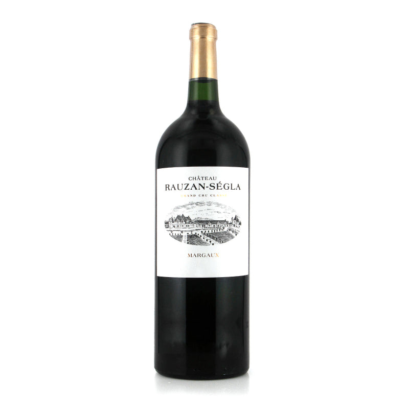 Bottle of magnum Chateau Rauzan Segla Margaux wine with a deep garnet label.