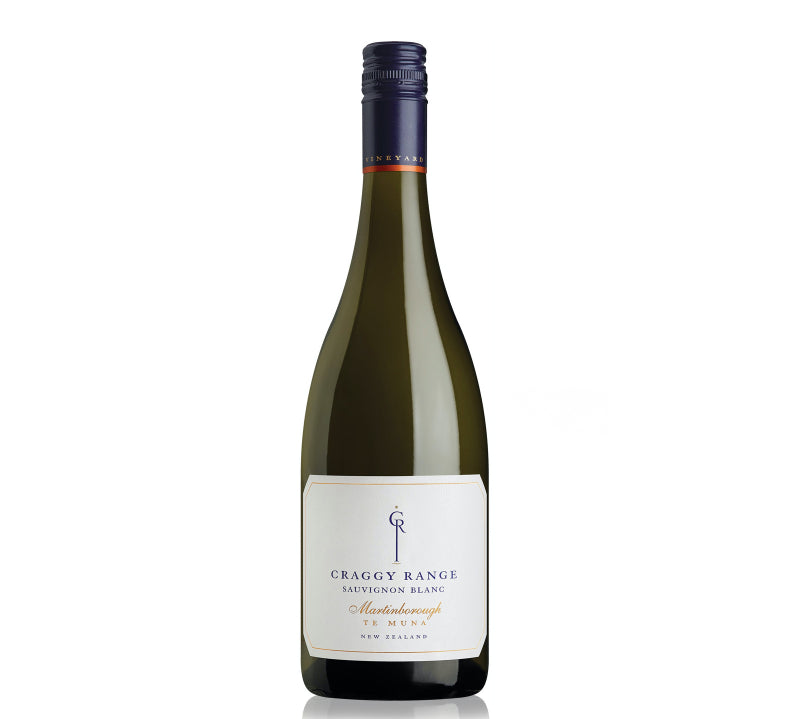 A bottle of Craggy Range Te Muna Road Sauvignon Blanc with a white label on a plain background.