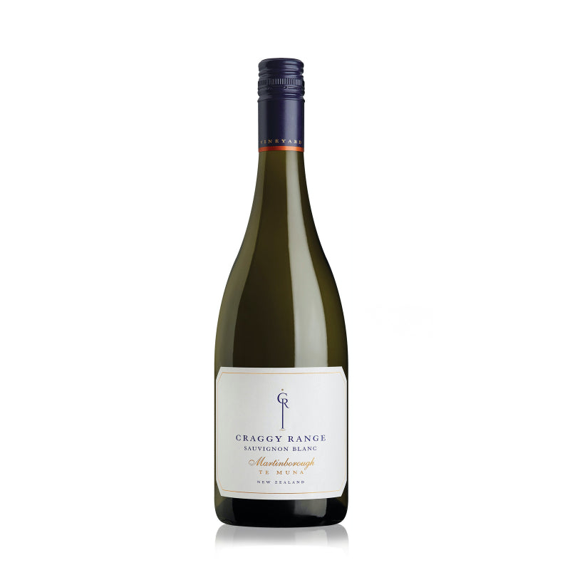 A bottle of Craggy Range Te Muna Road Sauvignon Blanc with a white label on a plain background.