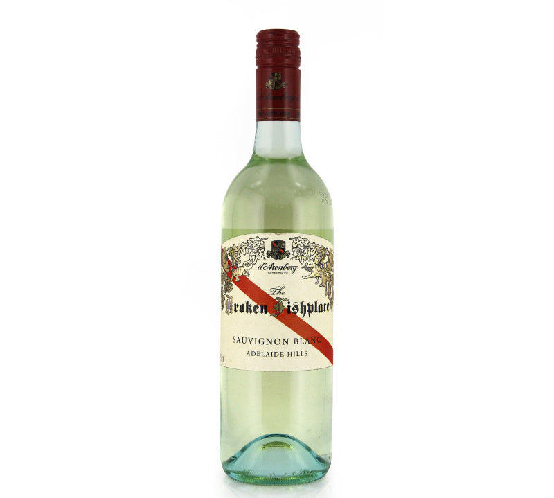 Bottle of D'Arenberg Broken Fishplate Sauvignon Blanc white wine with a white label and red accents.