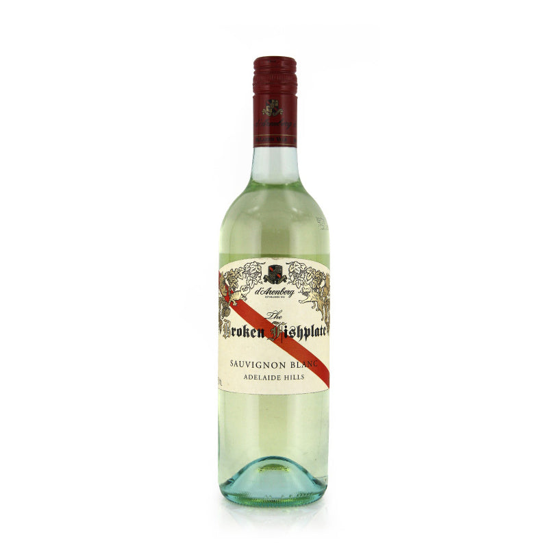 Bottle of D'Arenberg Broken Fishplate Sauvignon Blanc white wine with a white label and red accents.