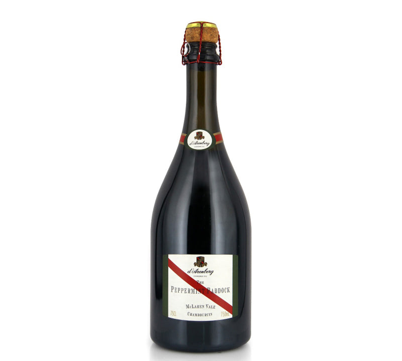 A bottle of D'Arenberg Peppermint Paddock Sparkling NV wine with a vibrant purple label and a gold foil cover on the cork.