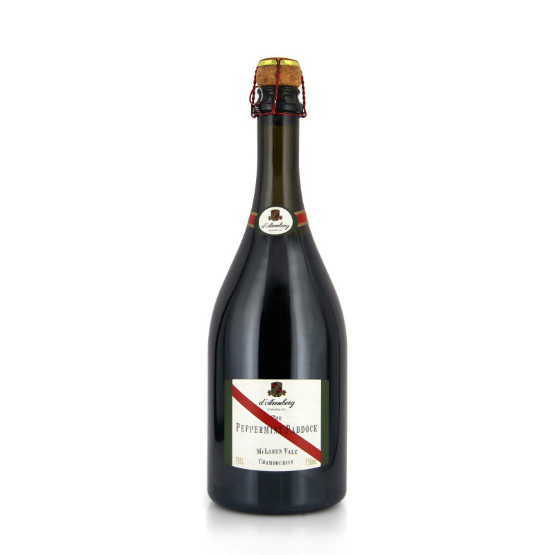 A bottle of D'Arenberg Peppermint Paddock Sparkling NV wine with a vibrant purple label and a gold foil cover on the cork.
