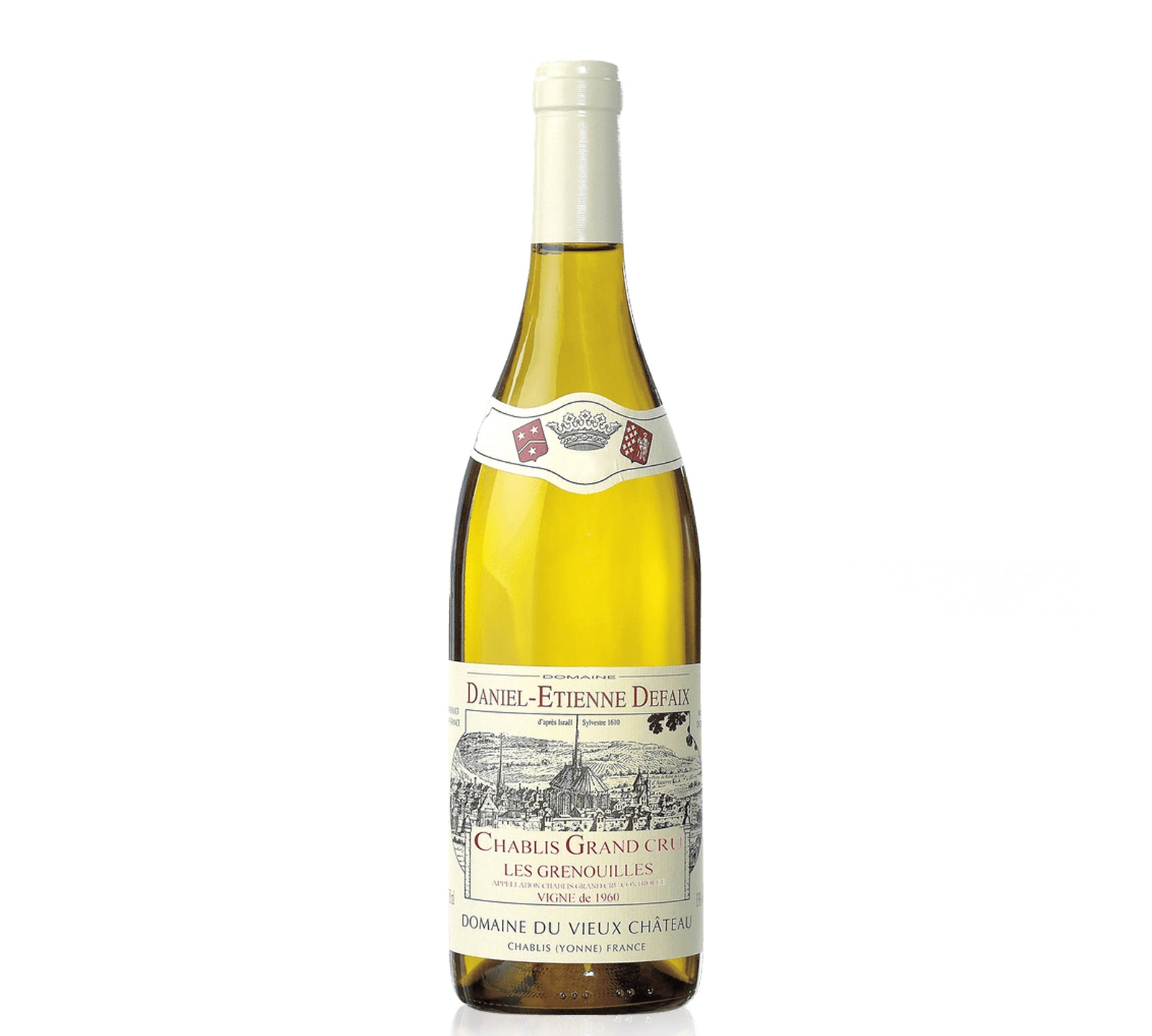 A bottle of Domaine Daniel-Etienne Defaix Chablis Grenouilles Grand Cru white wine