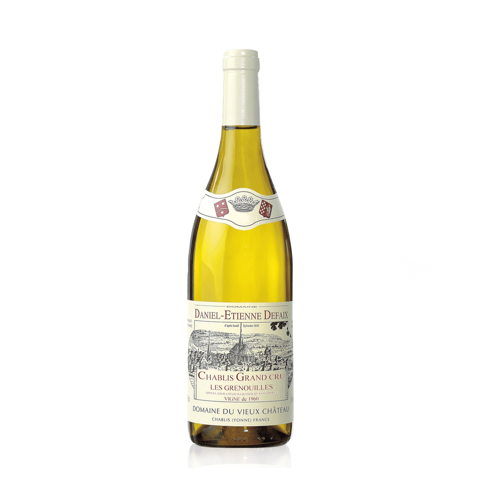 A bottle of Domaine Daniel-Etienne Defaix Chablis Grenouilles Grand Cru white wine