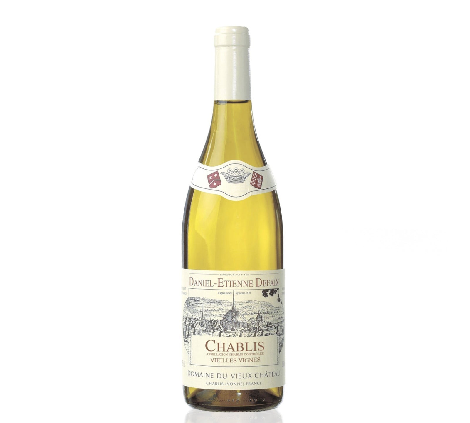 A bottle of Daniel-Etienne Defaix Chablis Vieilles Vignes white wine.