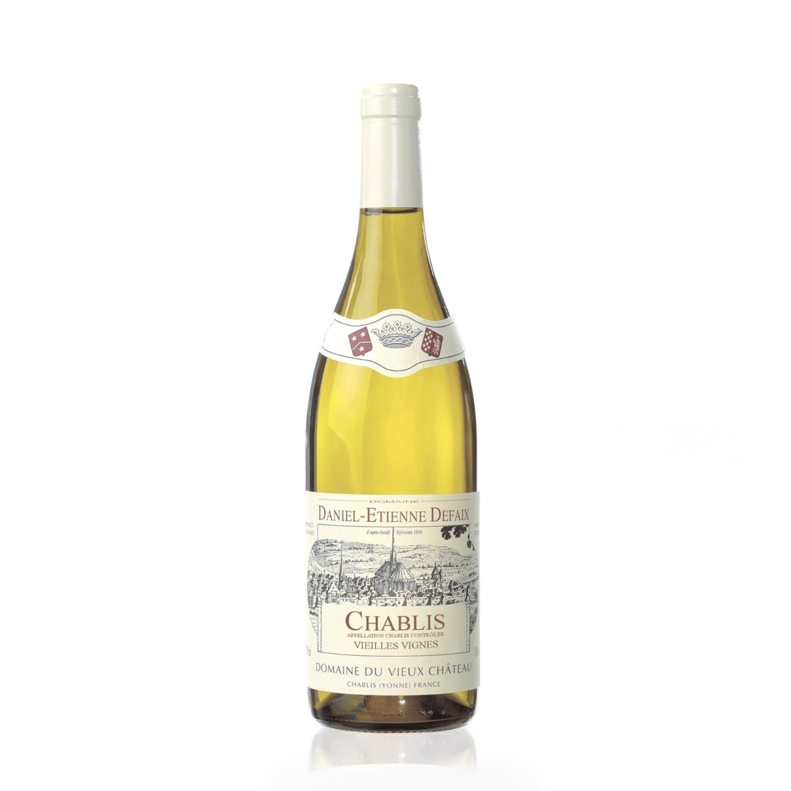 A bottle of Daniel-Etienne Defaix Chablis Vieilles Vignes white wine.
