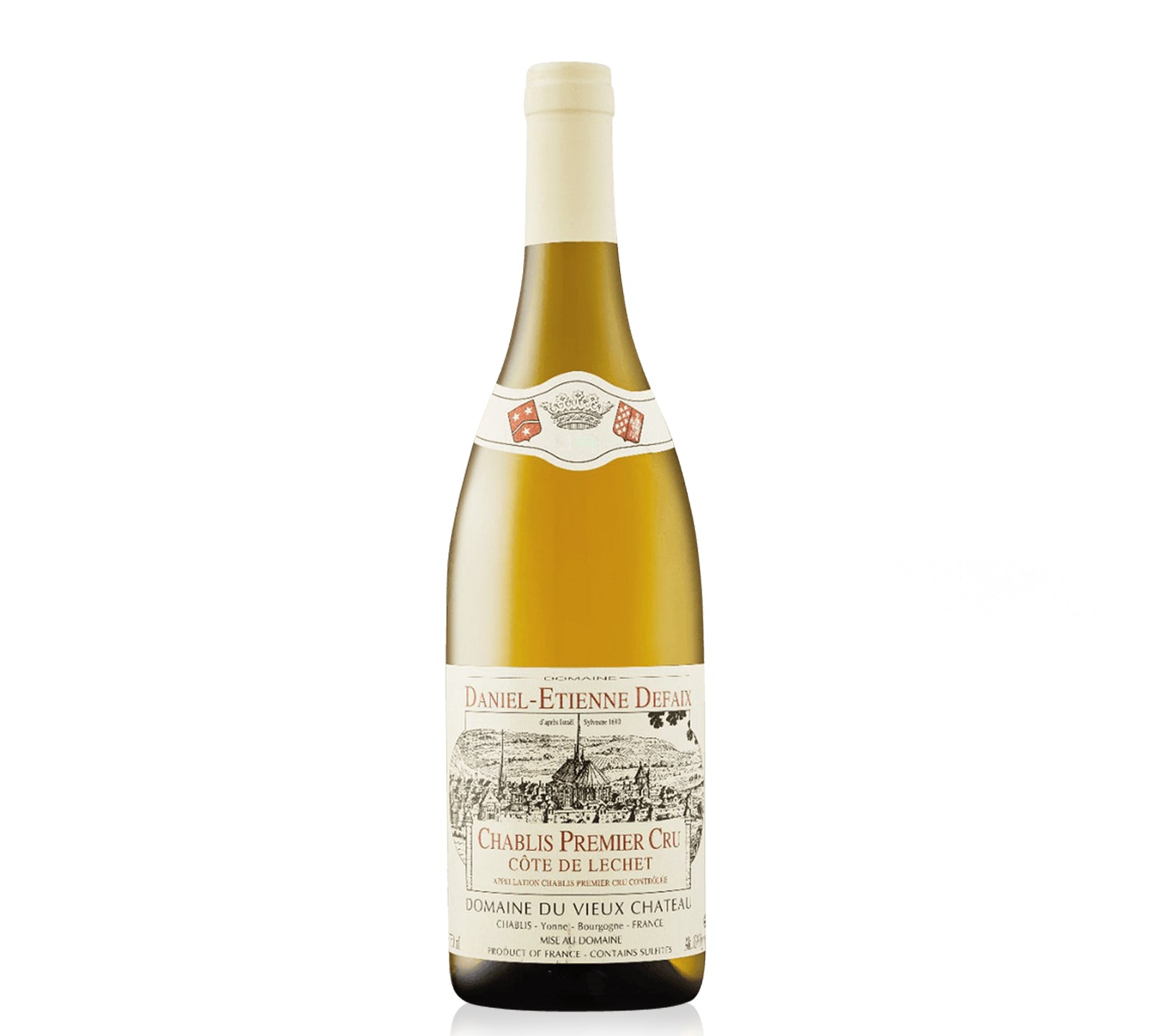 A bottle of Daniel-Etienne Defaix Chablis Cote De Lechet Premier Cru white wine.