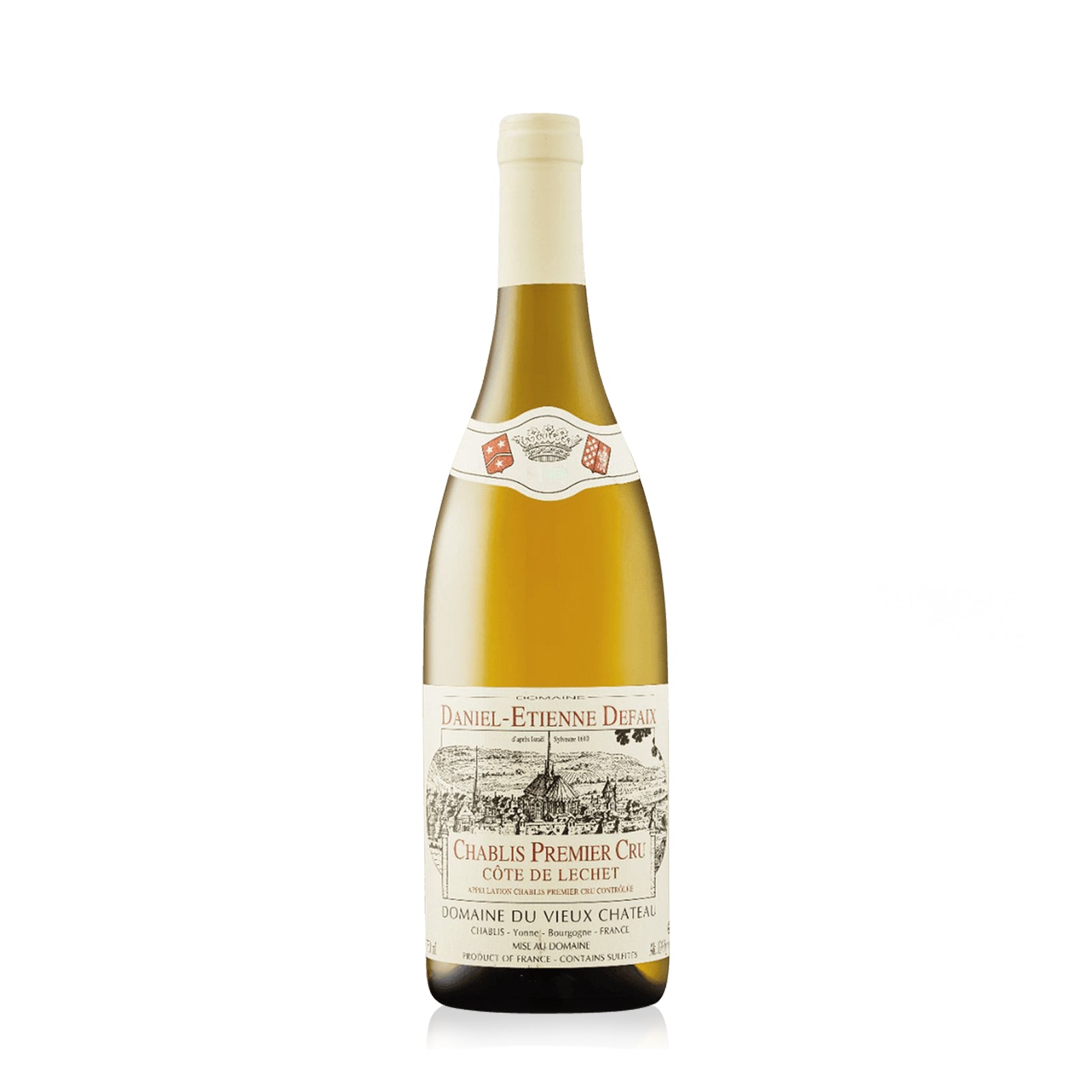 A bottle of Daniel-Etienne Defaix Chablis Cote De Lechet Premier Cru white wine.