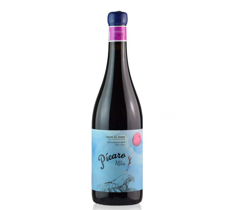 A bottle of Dominio del Aguila Picaro del Aguila Tinto wine with a blue label featuring an eagle, set against a plain background.